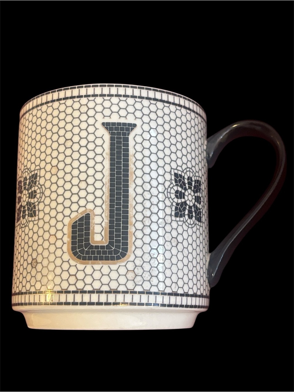 Anthropologie White Bistro tile Ceramic Mug with Black Monogram J
